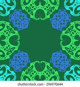 Circular seamless  pattern of decorative motif,  spirals, ellipses, hole, copy space. Handmade.