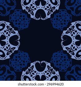 Circular seamless  pattern of decorative motif,  spirals, ellipses, hole, copy space. Handmade.