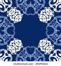 Circular seamless  pattern of decorative motif,  spirals, ellipses, hole, copy space. Handmade.