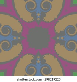 Circular seamless  pattern of  decorative  motif, spots, waves, spirals, copy space. Handmade.