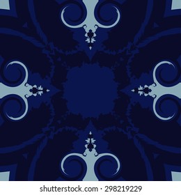 Circular seamless  pattern of  decorative  motif, spots, waves, spirals, copy space. Handmade.