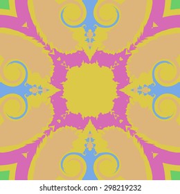 Circular seamless  pattern of  decorative  motif, spots, waves, spirals, copy space. Handmade.
