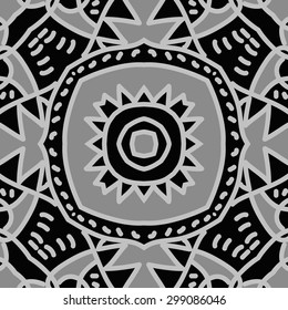 Circular seamless  pattern of decorative motif, stripes, spots, star, zigzag. Hand drawn.