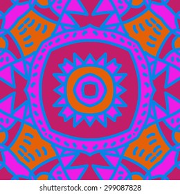 Circular seamless  pattern of decorative motif, stripes, spots, star, zigzag. Hand drawn.