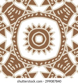 Circular seamless  pattern of decorative motif, stripes, spots, star, zigzag. Hand drawn.