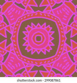 Circular seamless  pattern of decorative motif, stripes, spots, star, zigzag. Hand drawn.