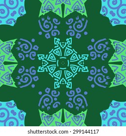 Circular seamless  pattern of decorative motif, stripes, waves, spirals, cross. Hand drawn.