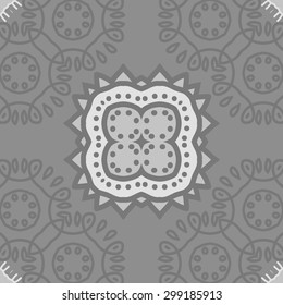 Circular seamless  pattern of decorative motif, stripes, ellipses, stars, spots. Hand drawn.