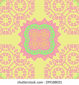 Circular seamless  pattern of decorative motif, stripes, ellipses, stars, spots. Hand drawn.