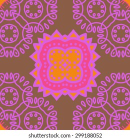 Circular seamless  pattern of decorative motif, stripes, ellipses, stars, spots. Hand drawn.