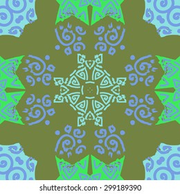 Circular seamless  pattern of decorative motif, stripes, waves, spirals, cross. Hand drawn.