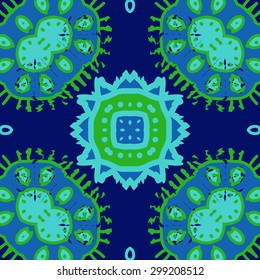 Circular seamless  pattern of decorative motif, stripes, ellipses, star, spots, waves. Hand drawn.