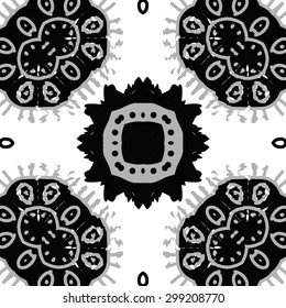 Circular seamless  pattern of decorative motif, stripes, ellipses, star, spots, waves. Hand drawn.