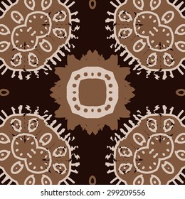 Circular seamless  pattern of decorative motif, stripes, ellipses, star, spots, waves. Hand drawn.
