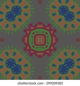 Circular seamless  pattern of decorative motif, stripes, ellipses, star, spots, waves. Hand drawn.