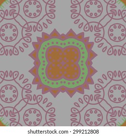 Circular seamless  pattern of decorative motif, stripes, ellipses, stars, spots. Hand drawn.
