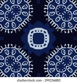 Circular seamless  pattern of decorative motif, stripes, ellipses, star, spots, waves. Hand drawn.