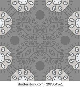 Circular seamless  pattern of decorative motif, stripes, waves, spots. Hand drawn.