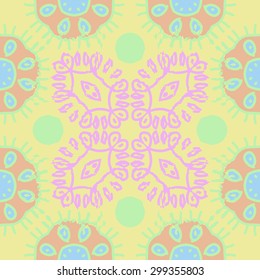 Circular seamless  pattern of decorative motif, stripes, waves, spots. Hand drawn.
