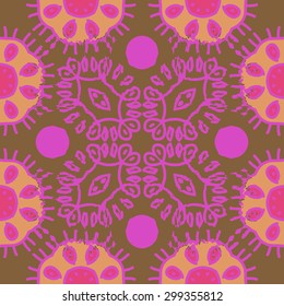 Circular seamless  pattern of decorative motif, stripes, waves, spots. Hand drawn.
