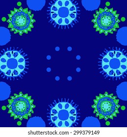 Circular seamless  pattern of decorative motif, stripes, waves, spots, stars, ellipses. Hand drawn.