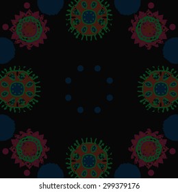 Circular seamless  pattern of decorative motif, stripes, waves, spots, stars, ellipses. Hand drawn.