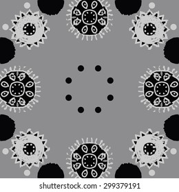 Circular seamless  pattern of decorative motif, stripes, waves, spots, stars, ellipses. Hand drawn.