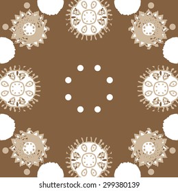Circular seamless  pattern of decorative motif, stripes, waves, spots, stars, ellipses. Hand drawn.