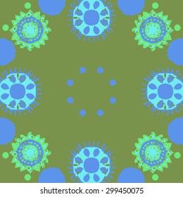 Circular seamless  pattern of decorative motif, stripes, waves, spots, stars, ellipses. Hand drawn.