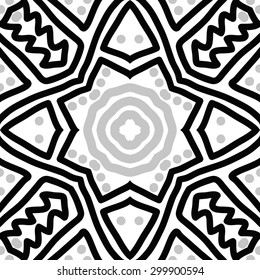 Circular seamless  pattern of decorative motif, stripes, spots, zigzag. Hand drawn.