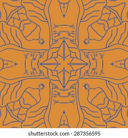 Circular seamless  pattern of  delicate motif, stripes, stars, waves. Hand drawn.