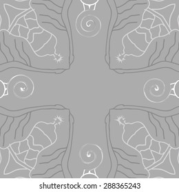 Circular seamless  pattern of  delicate motif, stripes, stars, spirals, copy space. Hand drawn.