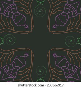 Circular seamless  pattern of  delicate motif, stripes, stars, spirals, copy space. Hand drawn.