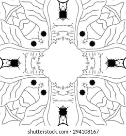 Circular seamless  pattern of delicate motif, stars, stripes, doodles, copy space. Hand drawn.