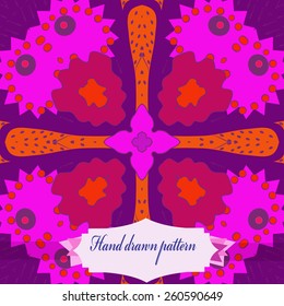 Circular seamless pattern of floral colored motif, ellipses, waves, label. Hand drawn.