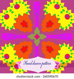 Circular seamless pattern of floral colored motif, ellipses, waves, label. Hand drawn.