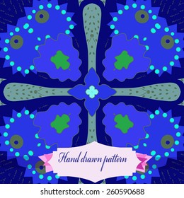 Circular seamless pattern of floral colored motif, ellipses, waves, label. Hand drawn.