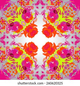 Circular seamless pattern of floral colored motif. Hand drawn.