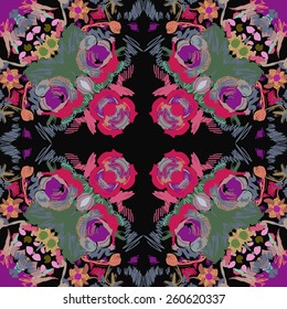 Circular seamless pattern of floral colored motif. Hand drawn.