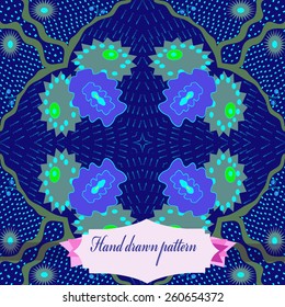 Circular seamless pattern of floral colored motif, label. Hand drawn.