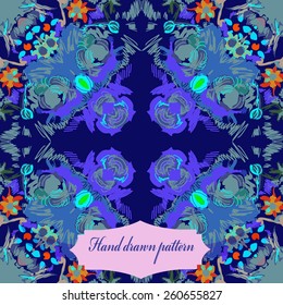 Circular seamless pattern of floral colored motif, label. Hand drawn.