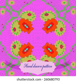 Circular seamless pattern of floral colored motif, label. Hand drawn.