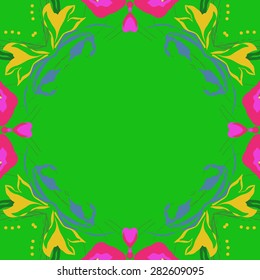 Circular  seamless pattern of  floral garland,  hole, spots,leaves, copy space. Hand drawn.