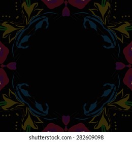 Circular  seamless pattern of  floral garland,  hole, spots,leaves, copy space. Hand drawn.