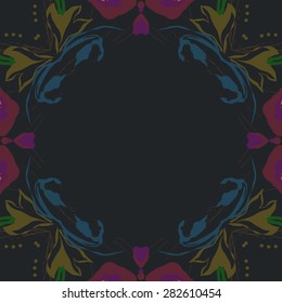 Circular  seamless pattern of  floral garland,  hole, spots,leaves, copy space. Hand drawn.