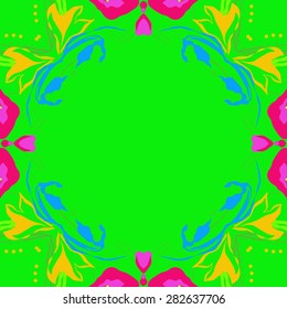 Circular  seamless pattern of  floral garland,  hole, spots,leaves, copy space. Hand drawn.