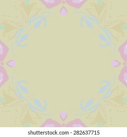 Circular  seamless pattern of  floral garland,  hole, spots,leaves, copy space. Hand drawn.