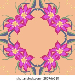Circular  seamless pattern of floral garland, leaves, stamens, ellipses, copy space. Hand drawn.