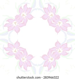 Circular  seamless pattern of floral garland, leaves, stamens, ellipses, copy space. Hand drawn.