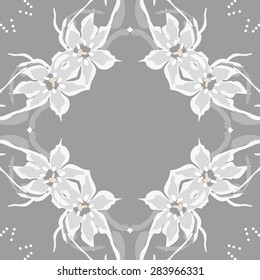 Circular  seamless pattern of floral garland, leaves, stamens, ellipses, copy space. Hand drawn.